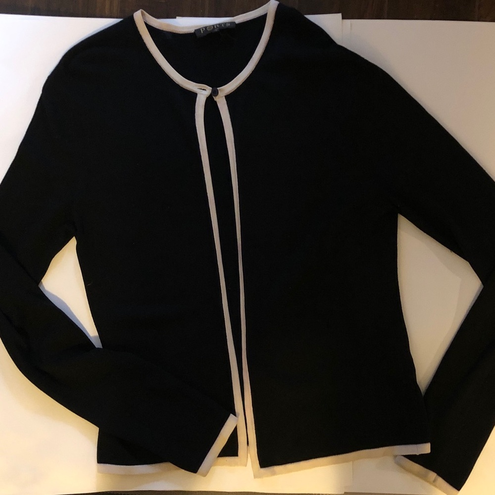 Ports cardigan black with cream trim. Very fine knit of pure wool
